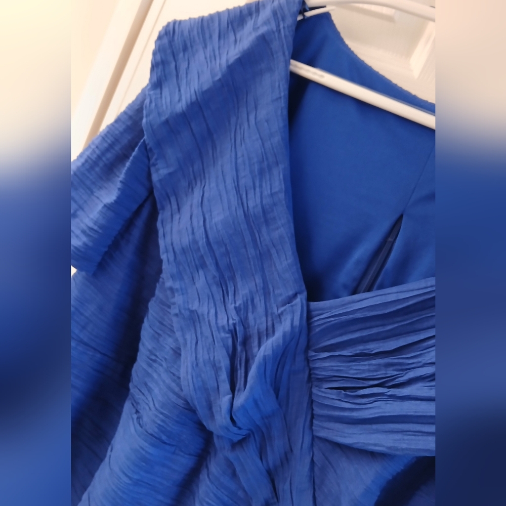 Alex Evenings Royal Blue Textured Short Sleeve Blouse with Brooch Accent - Picture 5 of 11